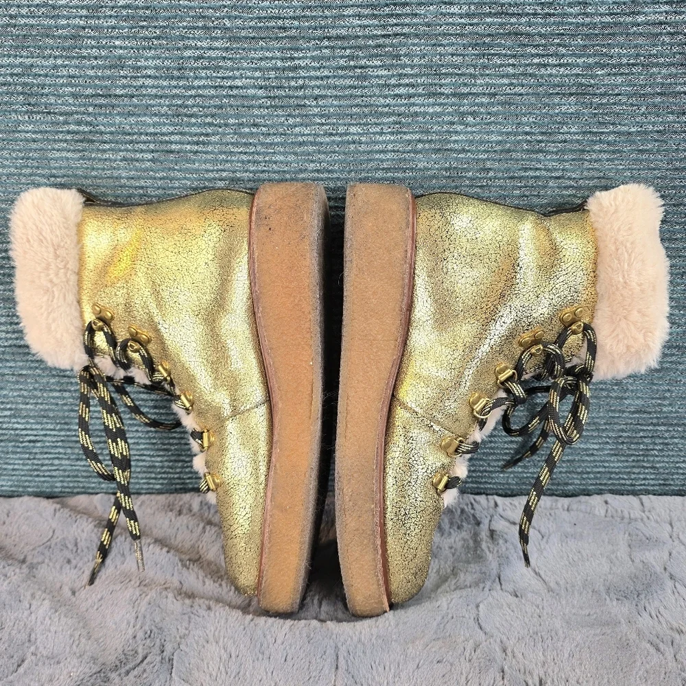 J Crew Gold Metallic Winter Shearling Boots, Wedge Crepe Sole,  Womens Sz 6